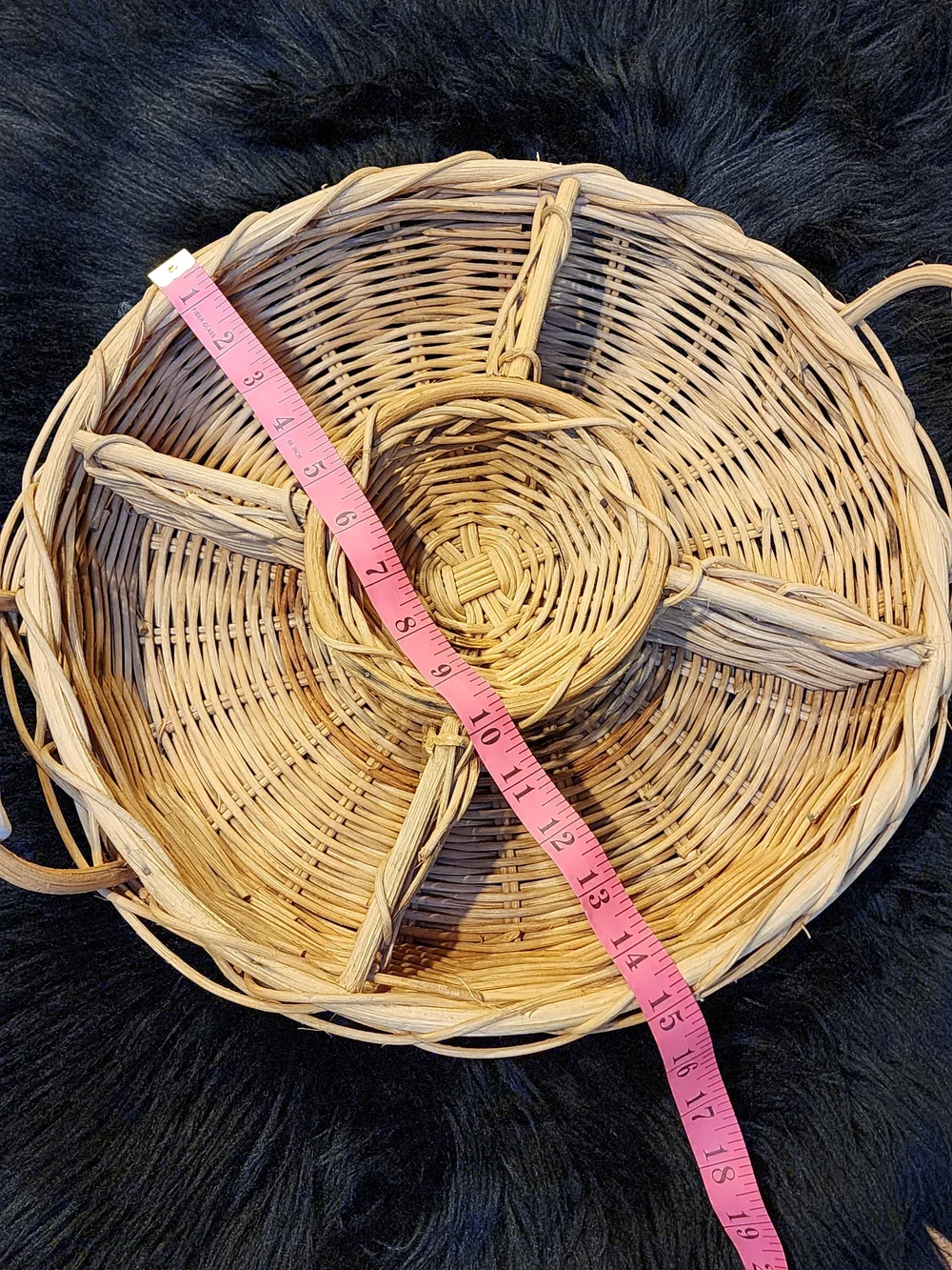 Woven Rattan Divided Serving Basket with White Ceramic Handles